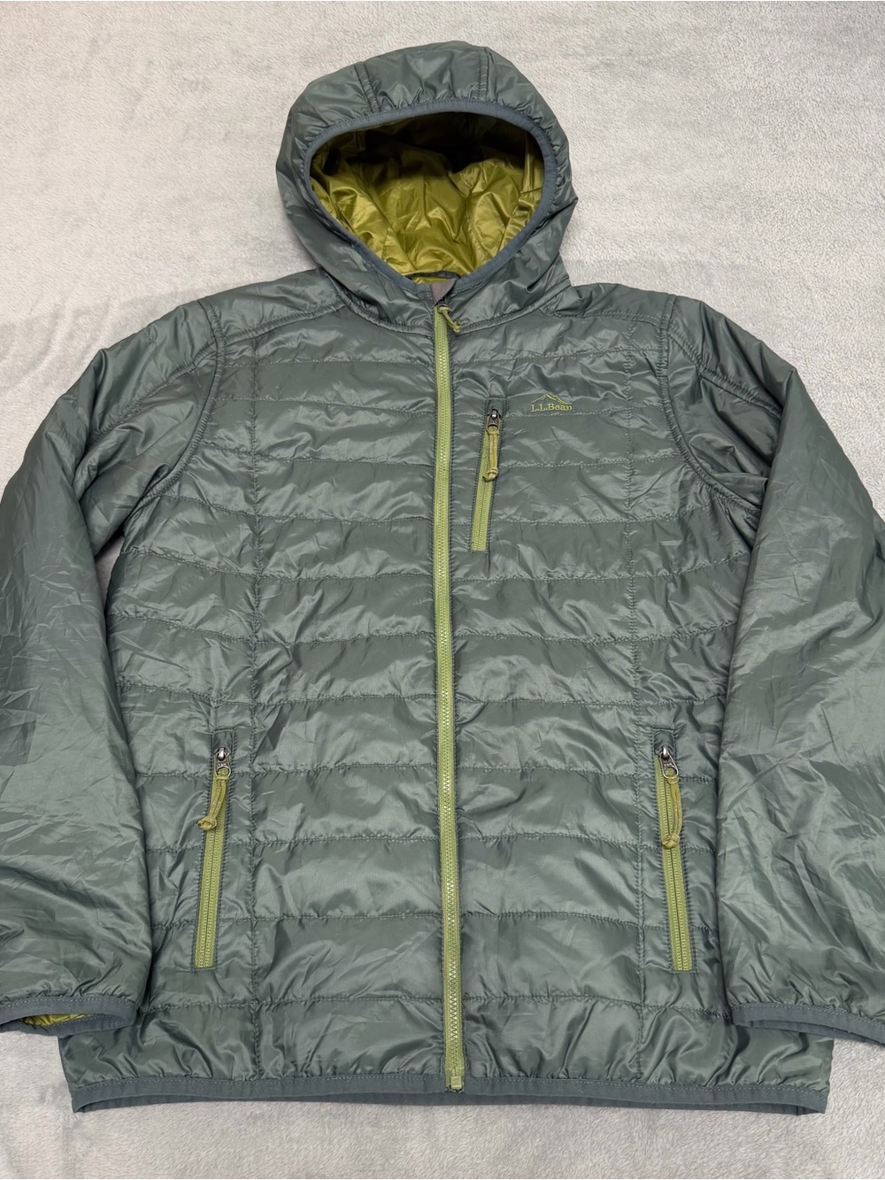 LL Bean Puffy Coat Jacket Green Lined Youth Boys L 14/16 503804 Hiking Outdoors